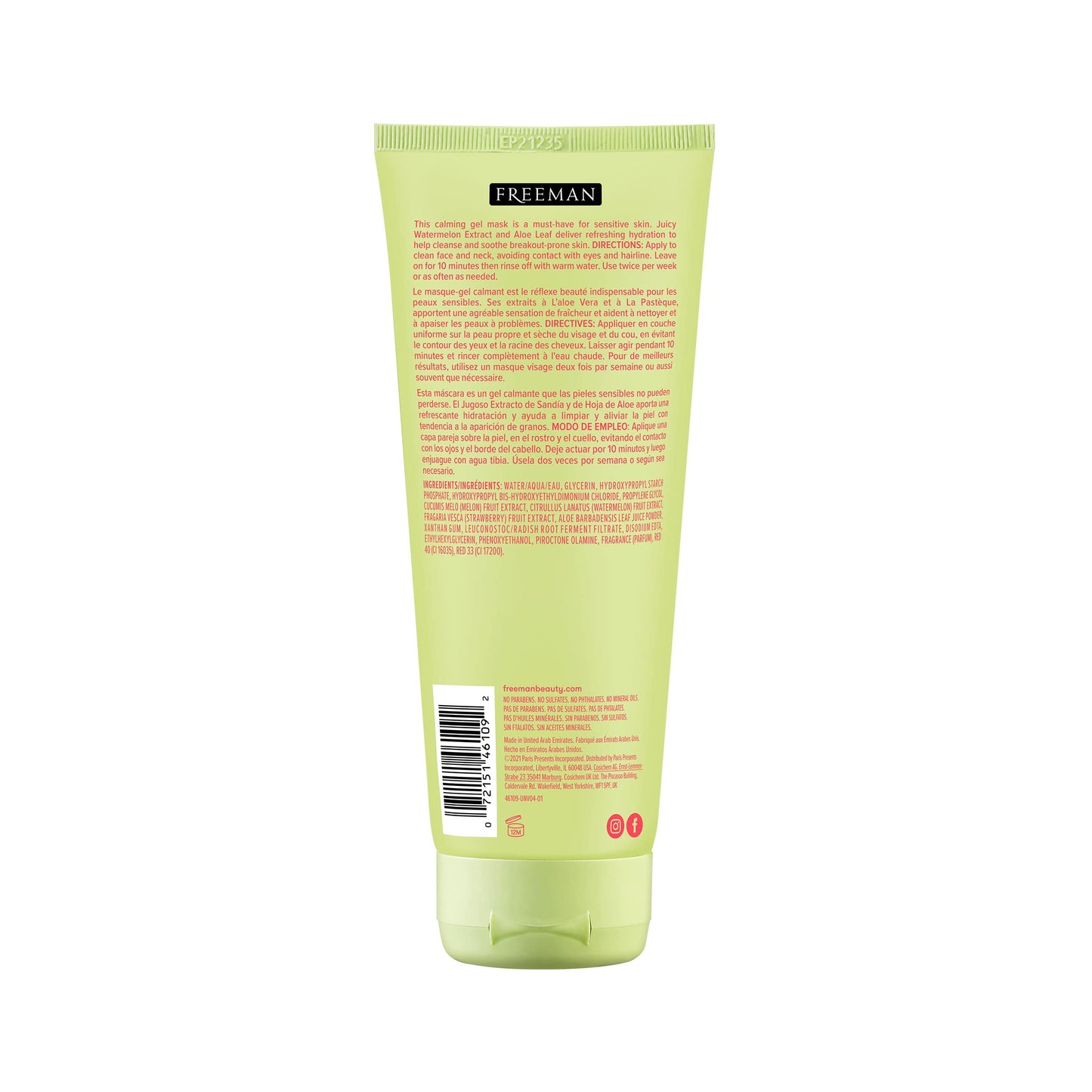 Freeman Soothing Watermelon & Aloe Gel Facial Mask, Hydrates, Nourishes, & Soothes Irritated Skin, Cooling, Calming Gel Face Mask, For Sensitive & Break-Out Prone Skin, 6 fl.oz. Tube, 1 Count