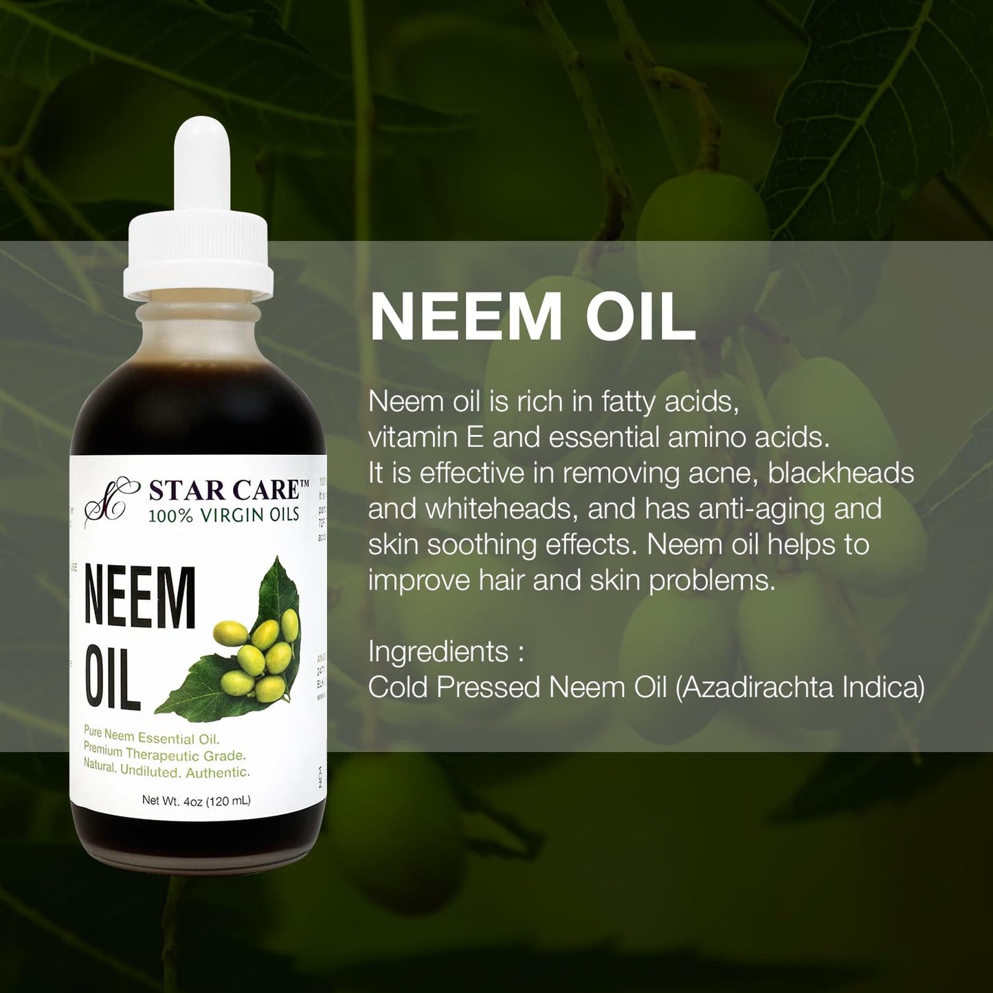 STAR CARE 100% Virgin Neem Oil Pure Cold Pressed Neem Oil for Skin, Hair, and Scalp, Natural Moisturizer for Face, Nails, and Body Care - 4oz (120ml)