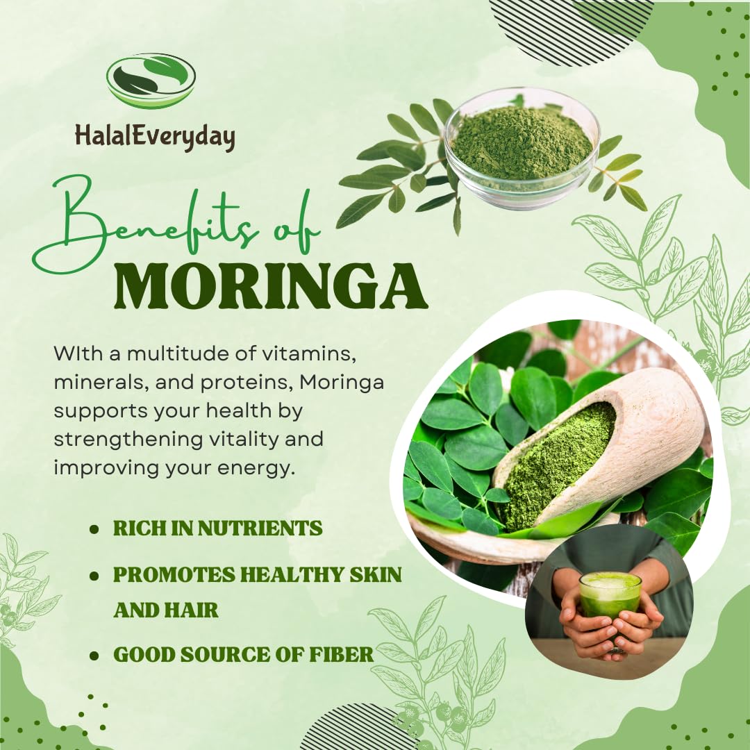 HalalEveryDay Moringa Leaf Powder, 100% Pure Vegan Supplement, Energy Booster, Ingredient for Multi-Vitamin Smoothies, 1lb / 16oz Bag