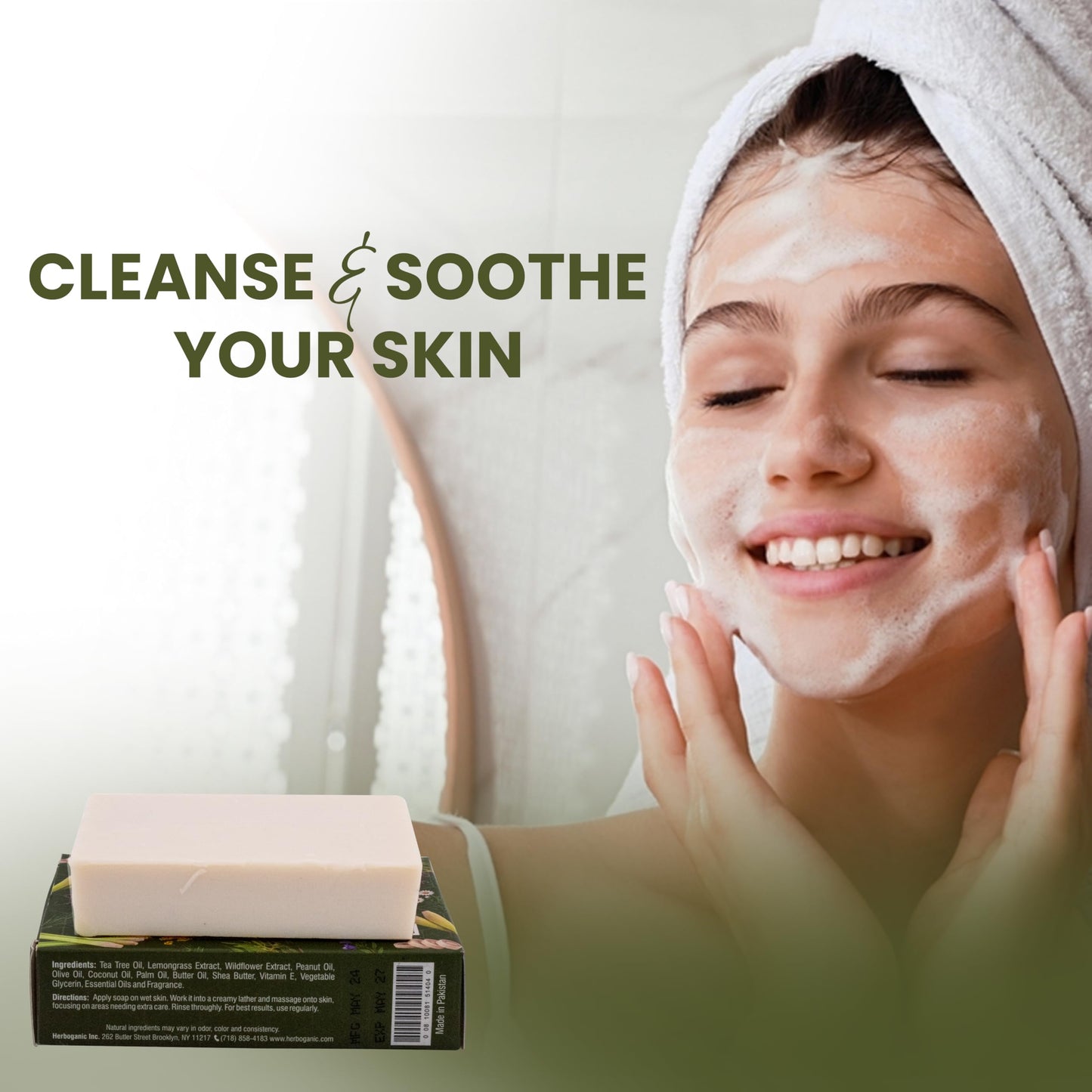 HERBOGANIC Tea Tree, Lemongrass & Wildflower Handmade Soap - Natural, Moisturizing Soap Bar for Soft and Smooth Skin with a Spa-Like Experience Pack of 1 (100g)