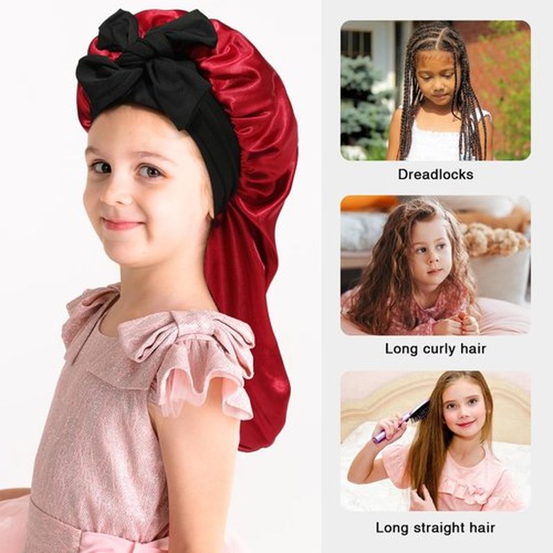 Kids Long Hair Bonnet for Sleeping - Double Layer Girls Elastic Satin Bonnet with Tie Band for Braid Curly Hair (Black+Wine)