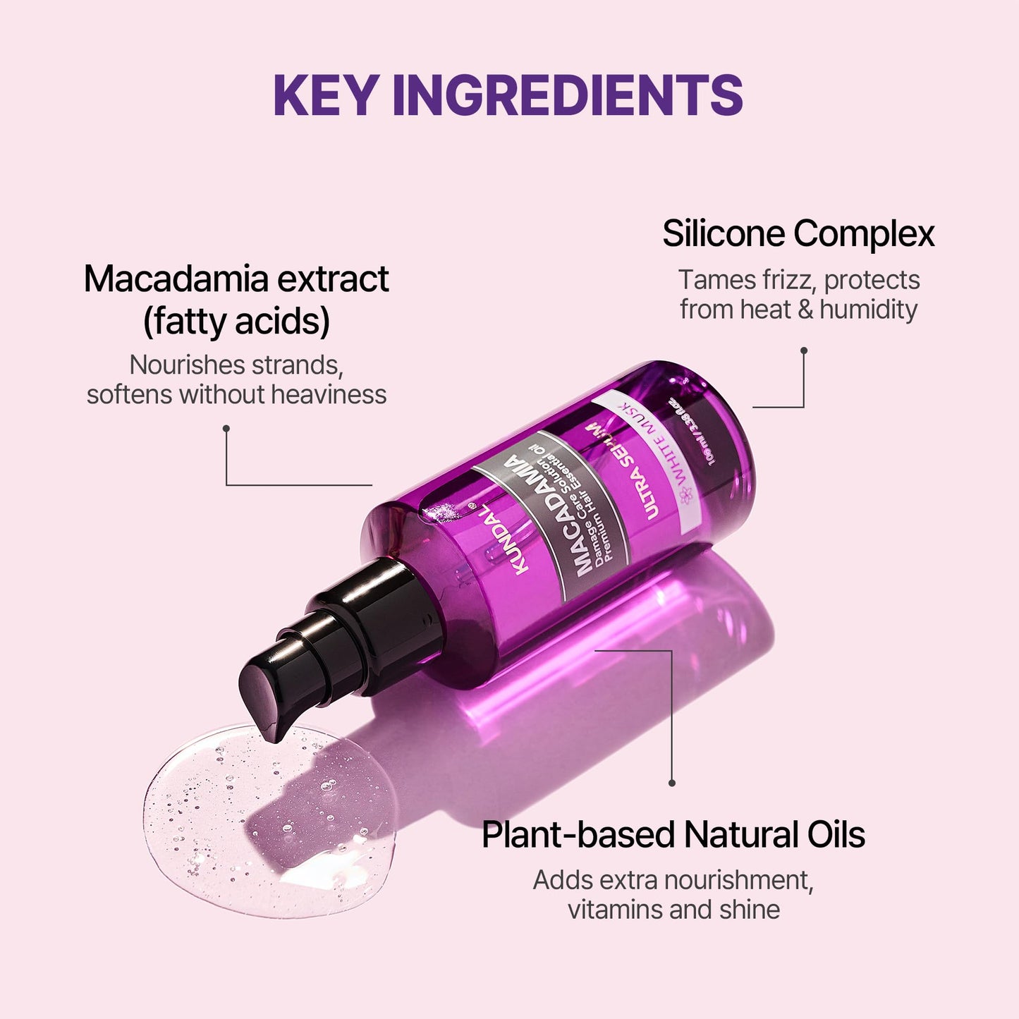 KUNDAL Macadamia Korean Hair Care Ultra Serum, Pink Grapefruit, 3.38 Fl Oz - Quick Absorption, Natural Oils Blend, Intense Moisturization