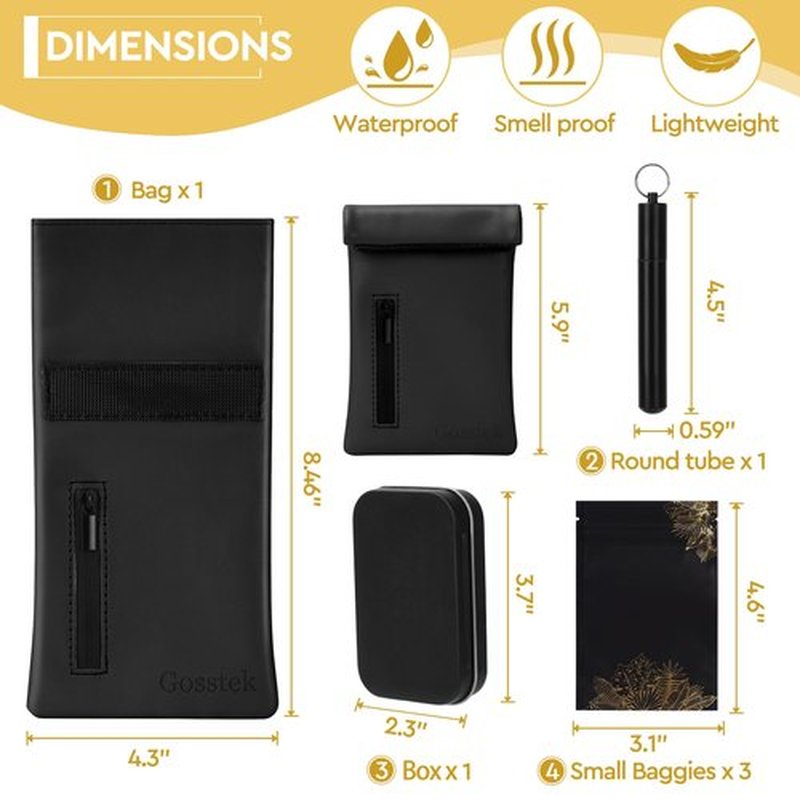 Gosstek Pocket Size Smell Proof Storage Bag with 3 Small Accessories, PU Leather Smell Proof Storage Case and Great Gift for Women, Portable Pocket Pouch for Home and Travel (Black Set)