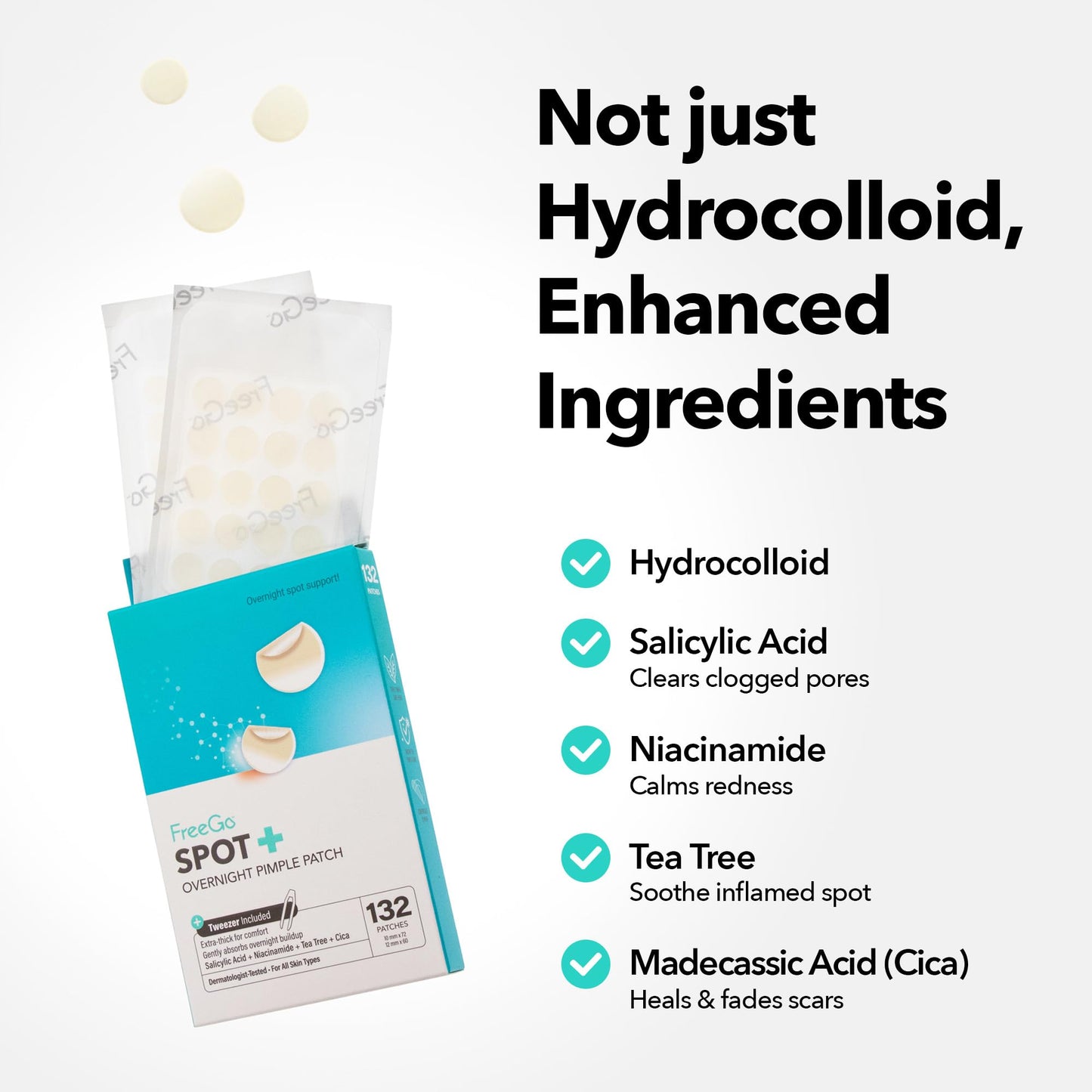 FreeGo Spot+ Hydrocolloid Overnight Patches for Face, Large Patches for Breakouts, Zit, Blemish Spot, Facial Stickers, Korean Pimple Patches (132 Counts)