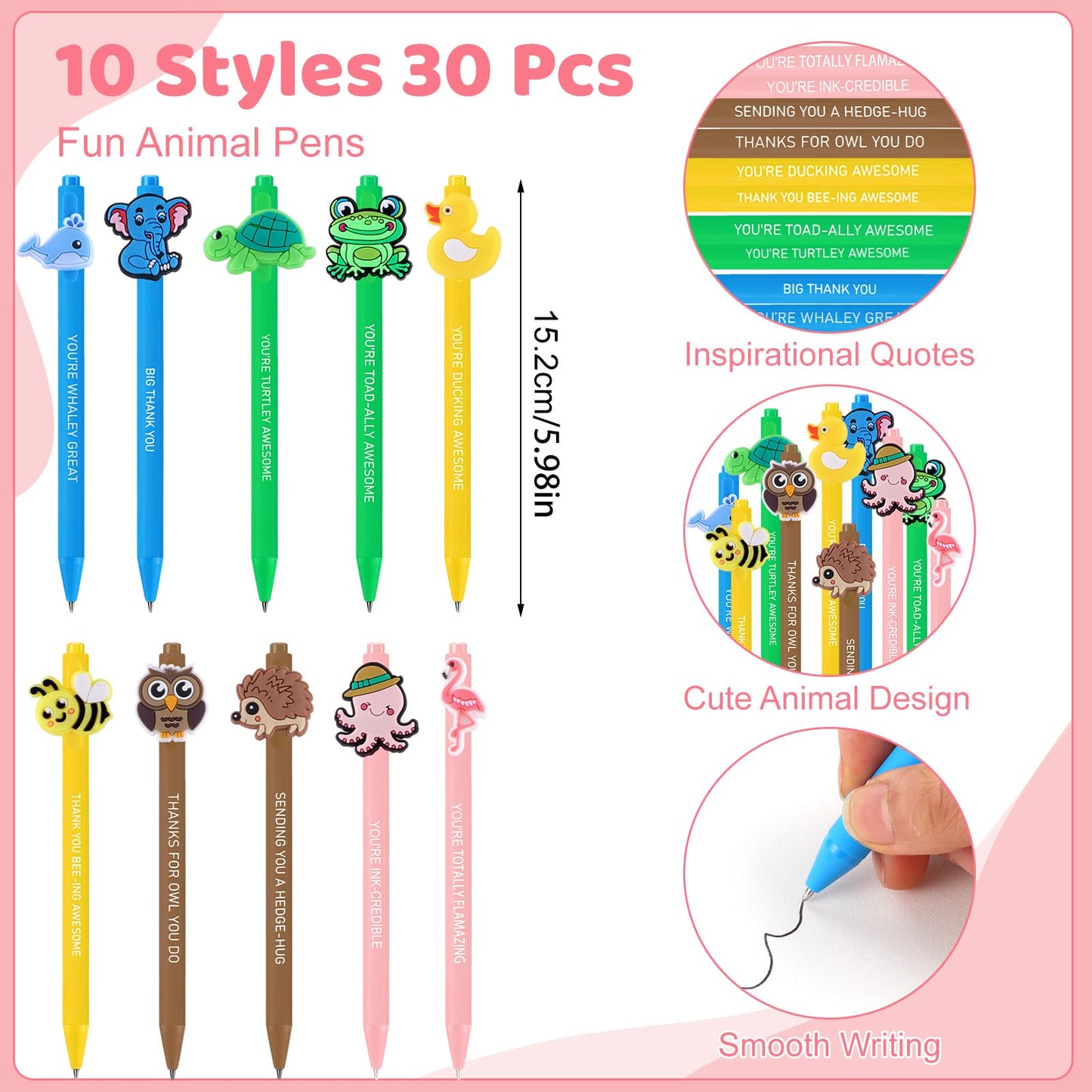 BESARME 30 Sets/90 Pcs Employee Appreciation Gifts Bulk For Coworkers Staff Thank You Gifts Teacher Appreciation Gift Funny Animals Pen with Motivational Card and Bags for Office