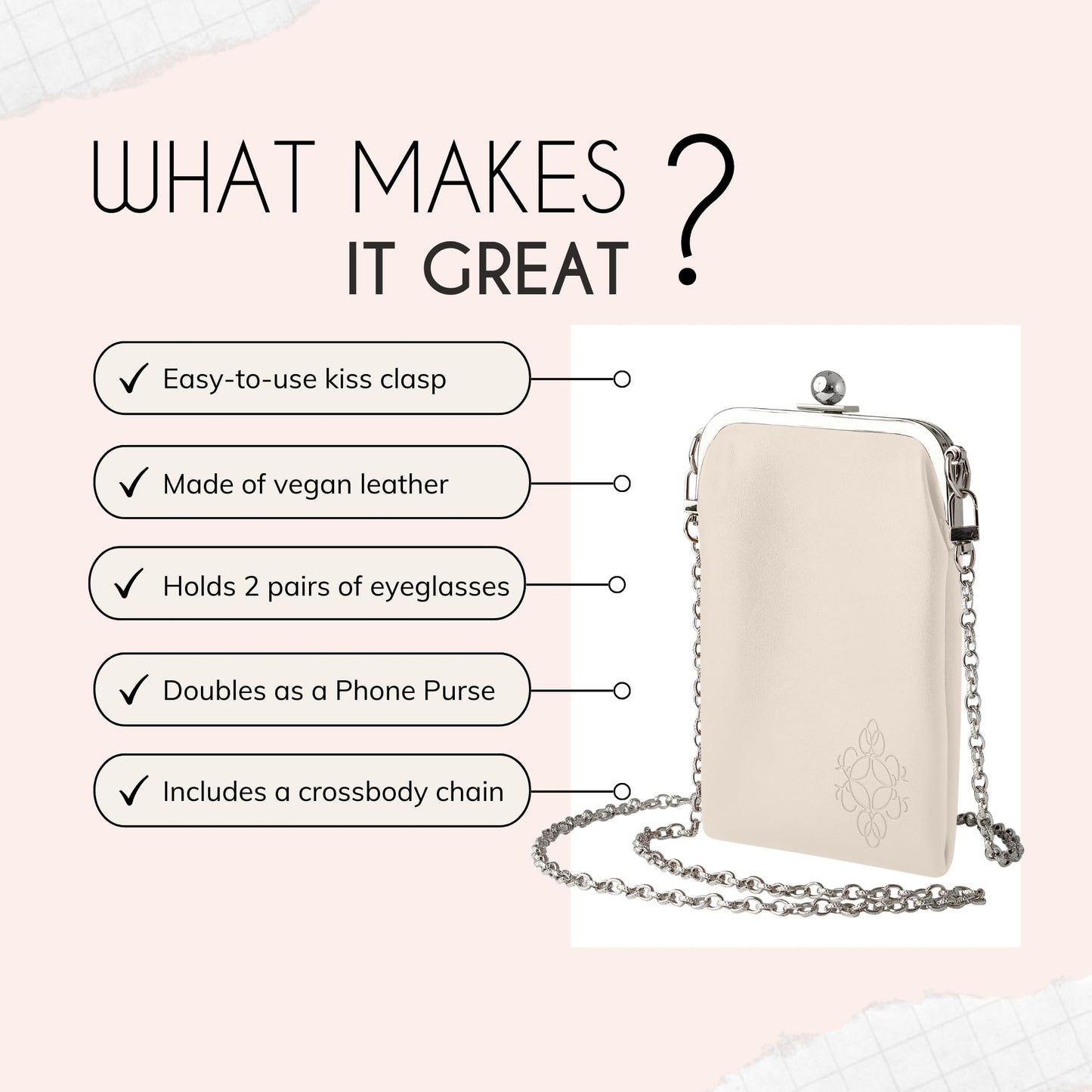 BORSALI Double Eyeglass Case for Women- Small Vegan Leather Crossbody Phone Bag - Soft Versatile Sunglass & Cell Phone Purse in one -Crossbody Chain Incl. (Cream)