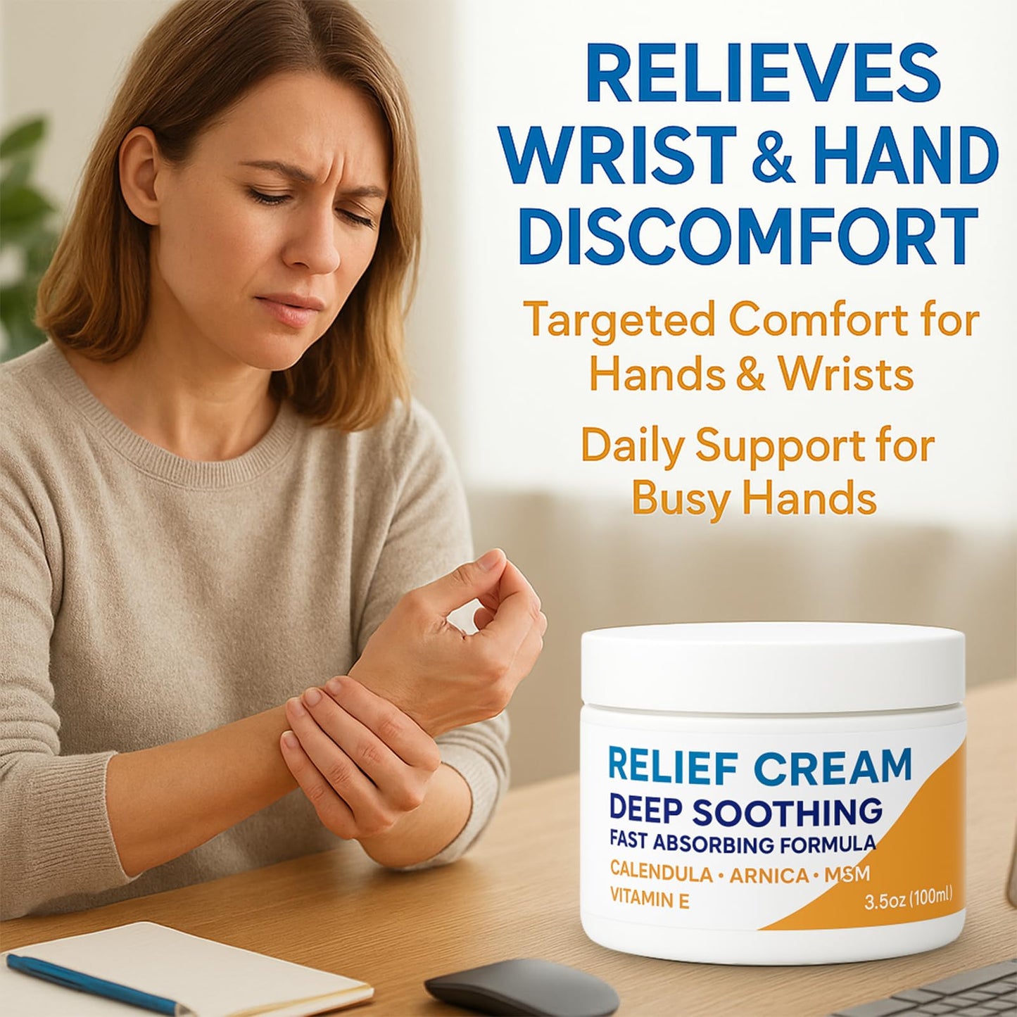 Huatsing Carpal Tunnel Relief Cream 3.5 oz/100ml, Herbal Nerve Relief Cream for Hands & Wrists, Non-Greasy Formula with Arnica, Emu Oil and Turmeric Oil, Fast-Absorbing for Daily Comfort