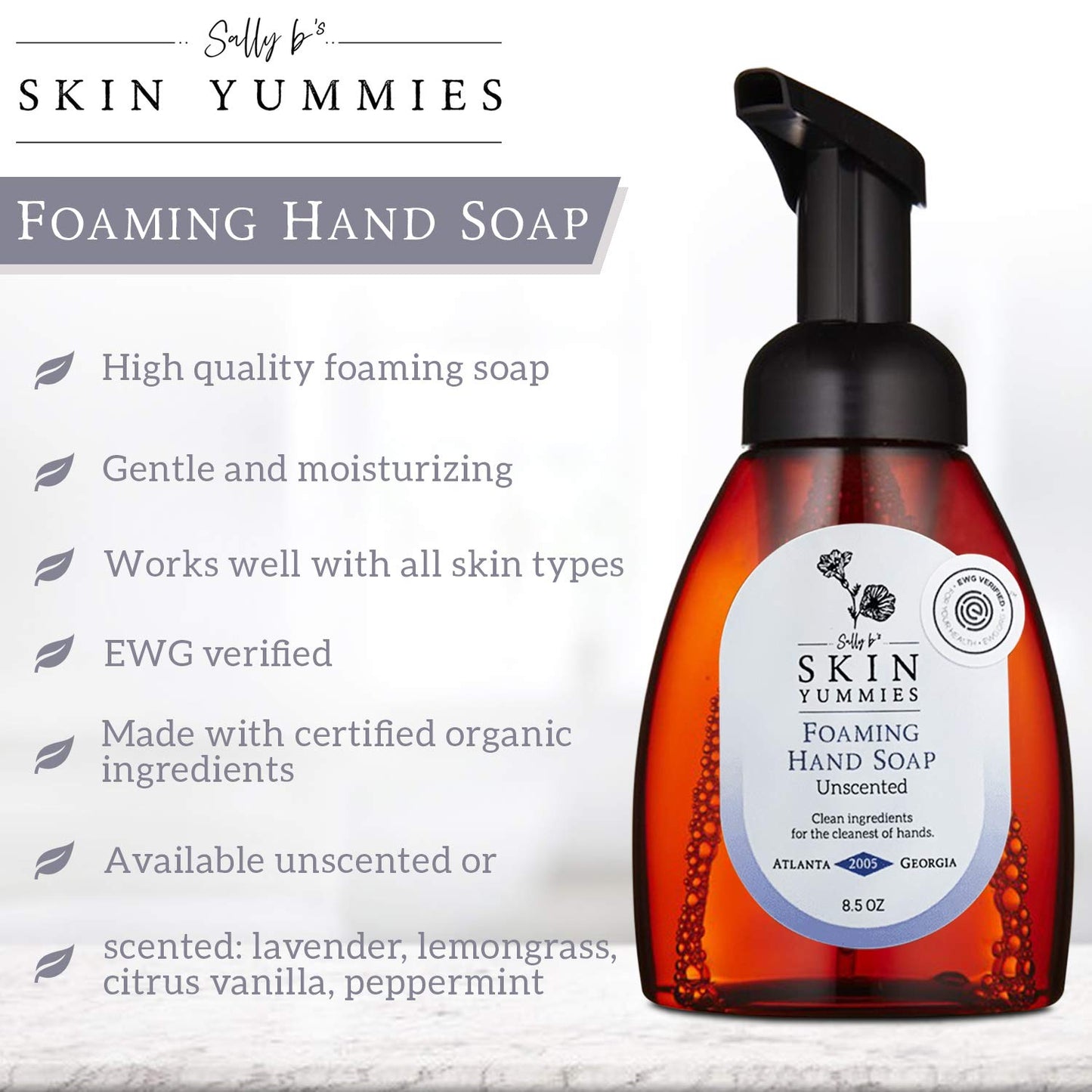 Sally B’s Unscented Luxury Hand Soap – Moisturizing, Hypoallergenic Organic Foaming Hand Soap, EWG Verified, 8.5 oz (Unscented)