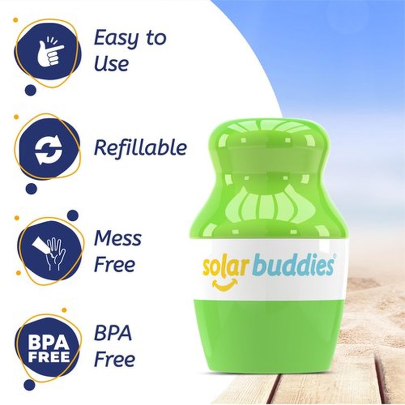 Solar Buddies Sunscreen Applicator - Single Full Green - Refillable Roll on Sponge Sunscreen, Suncream & Lotion Applicator For Kids, Adults & Families - Holds 3.4fl oz, Perfect Size for Travel