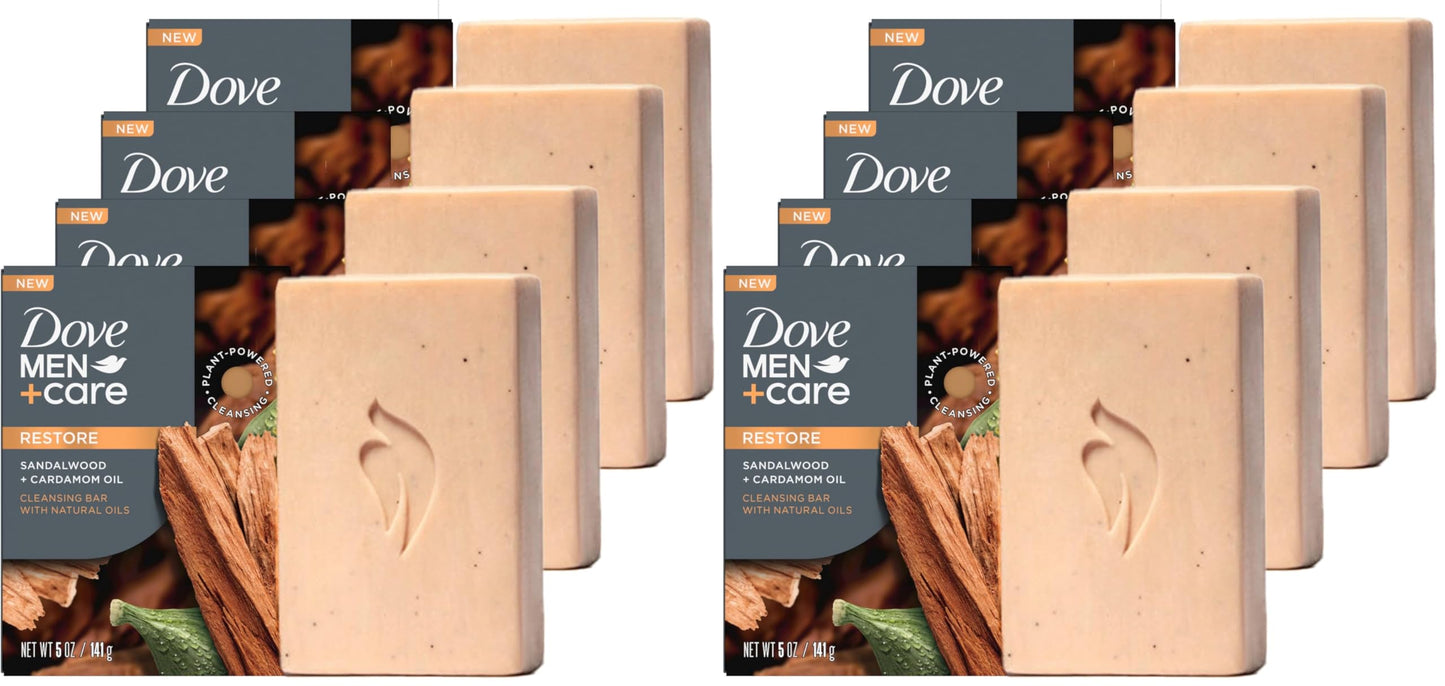 DOVE MEN + CARE Cleansing Bar Soap Sandalwood + Cardamom Oil to Rebuild Skin in the Shower,a 4in1 Hair,Body,Face & Shaving Bar with Plant-Based Cleanser and Natural Oils 5 oz,(Pack of 8)