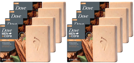 DOVE MEN + CARE Cleansing Bar Soap Sandalwood + Cardamom Oil to Rebuild Skin in the Shower,a 4in1 Hair,Body,Face & Shaving Bar with Plant-Based Cleanser and Natural Oils 5 oz,(Pack of 8)