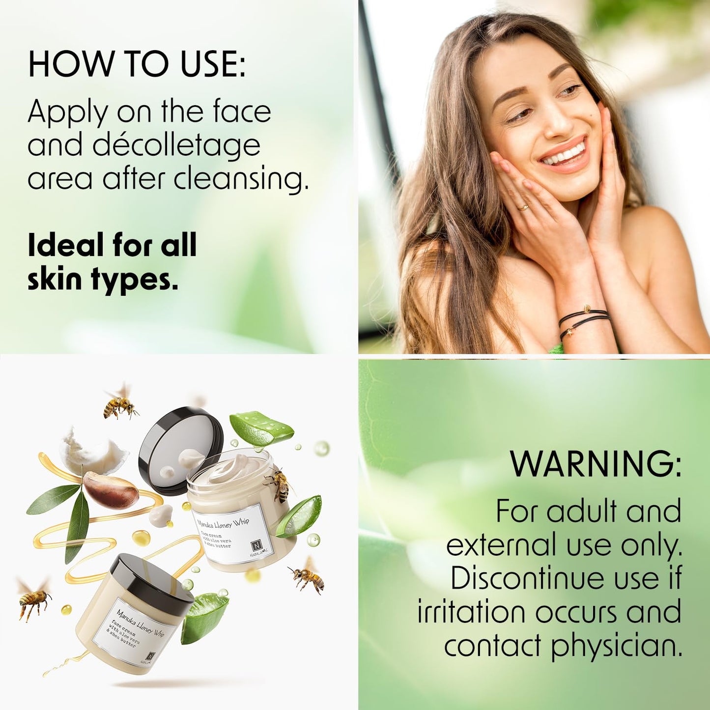 Nabila K - Manuka Honey Whip - Face Cream - Moisturizer - Aloe Vera & Shea Butter - Vitamin C - Vitamin B - Cruelty Free - Dry, Oily, or Sensitive Skin - Natural - Honey Fragrance - Made in USA - 5oz