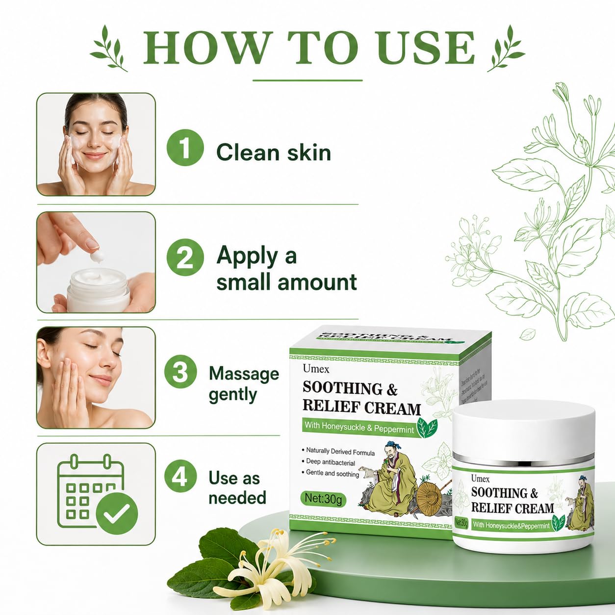 Umex Face & Body Moisturizer, Hydrating Moisturizing Cream for Dry, Sensitive & Rough Skin, with Honeysuckle & Mint, Softens & Nourishes Skin, Non-Greasy Formula