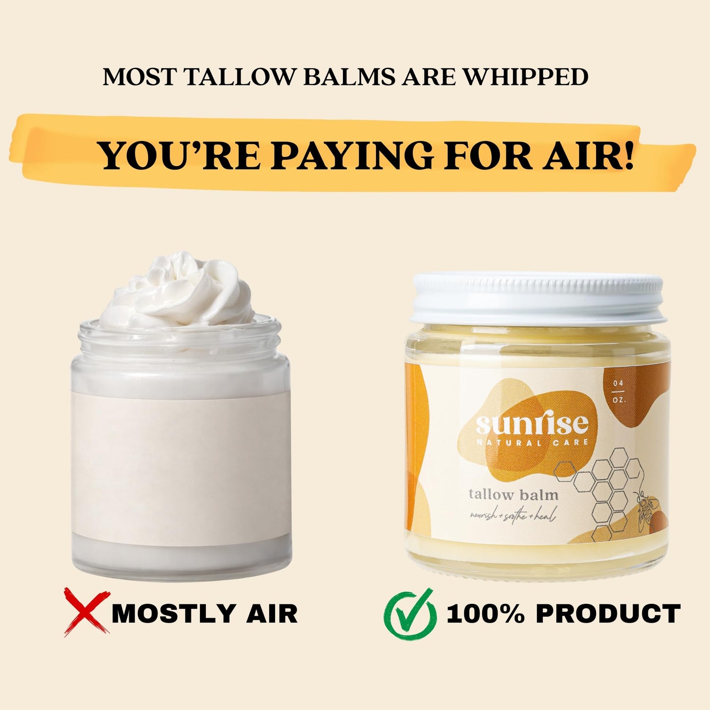 Sunrise Natural Care Unwhipped Honey and Tallow Balm - Body and Face Moisturizer - 100% Grass Fed Beef Tallow - 4 ounces - Lavender + Vanilla