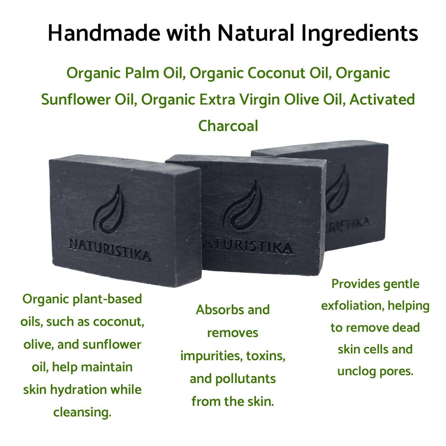 Naturistika Activated Charcoal Soap Bar (3 Pack), Vegan and All Natural Handcrafted with Organic Oils. Face and Body Soap. For Men, Women and Teens. Unscented.