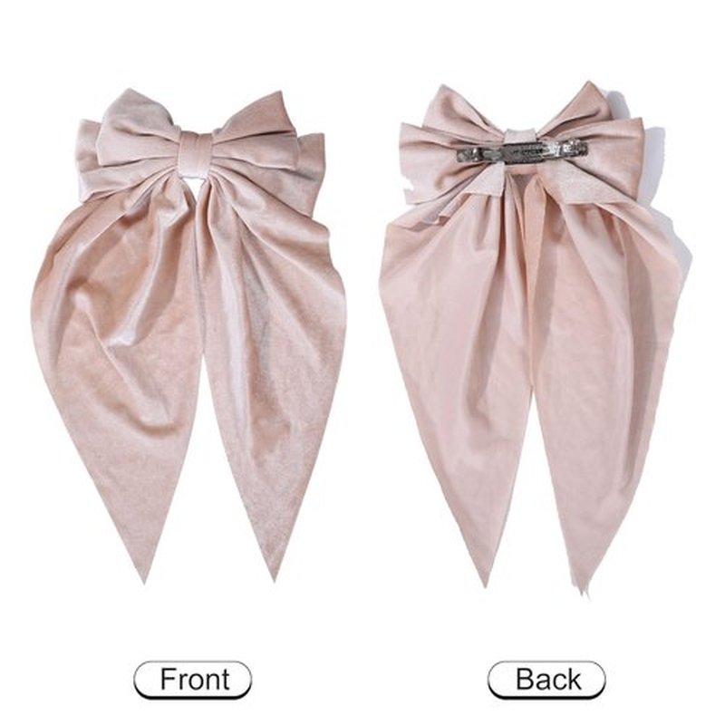 Oversized Velvet Hair Bows for Women Girls,Long Tail Handmade Bowknot Barrettes Velvet Bows Hair Accessories (Beige & Black)
