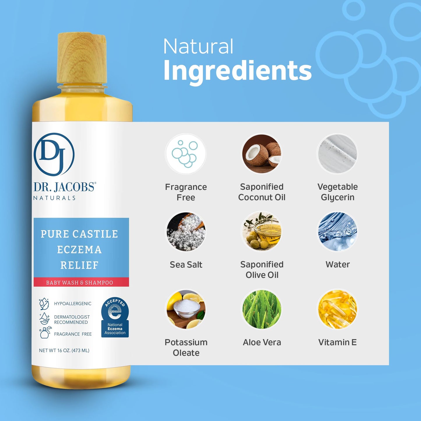 Dr. Jacobs Pure Castile Baby Wash - Effective Body Wash to Relieve Baby Eczema - Gentle Shampoo and Unscented Soap for Sensitive Skin, and Hypoallergenic - 16 oz -2PK