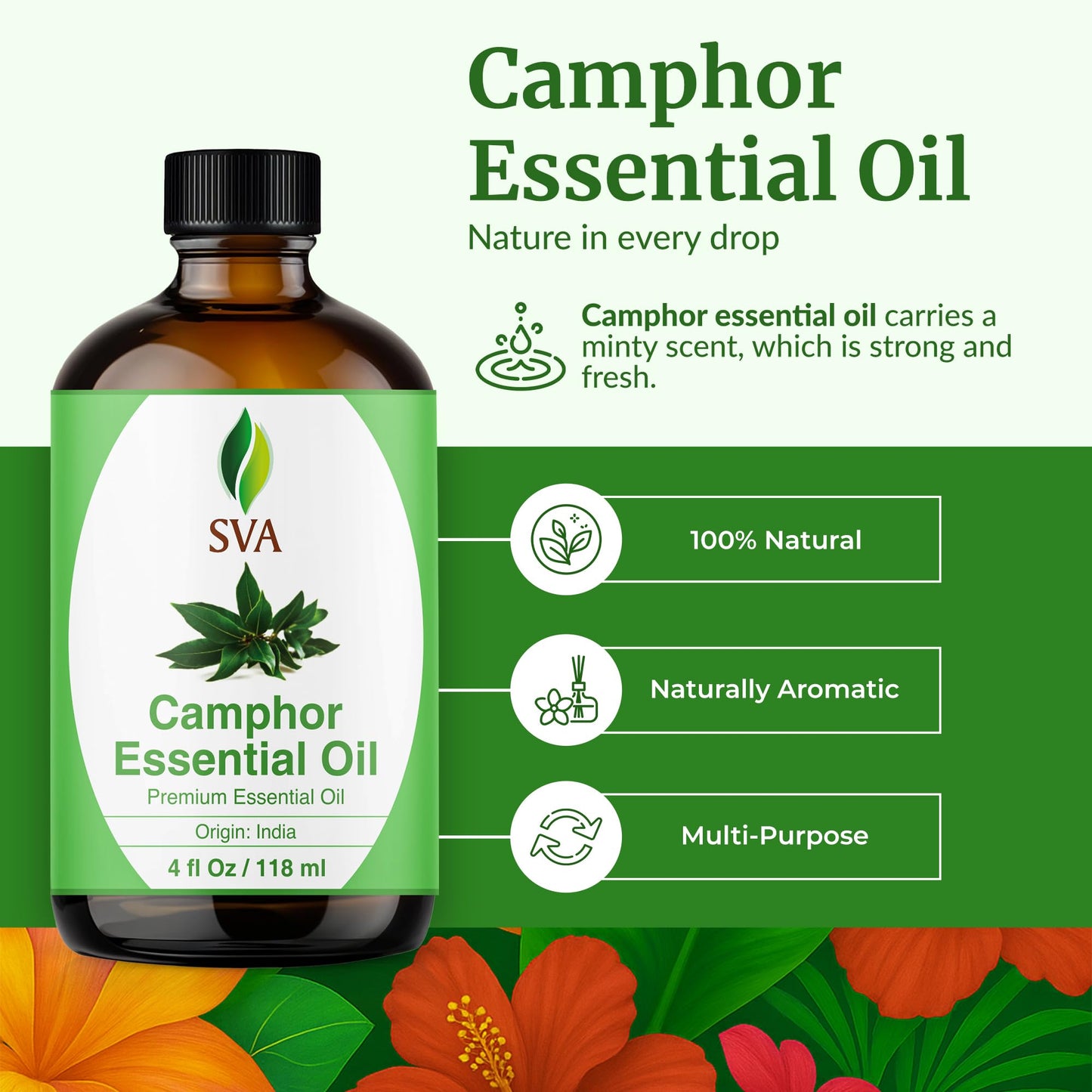 SVA Camphor Essential Oil, Glass Bottle with Dropper, 4 Fl Oz (118 ml)