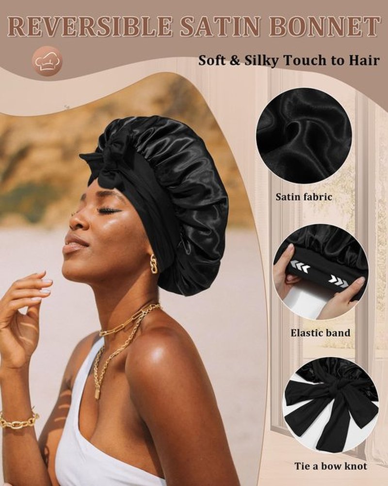 Reversible Satin Bonnet for Sleeping Women Silk Bonnet Double Layer Hair Bonnet with 2PCS Hair Scrunchies Elastic Tie Band Night Cap Hair Wrap for Natural Curly Hair (Black+Red)