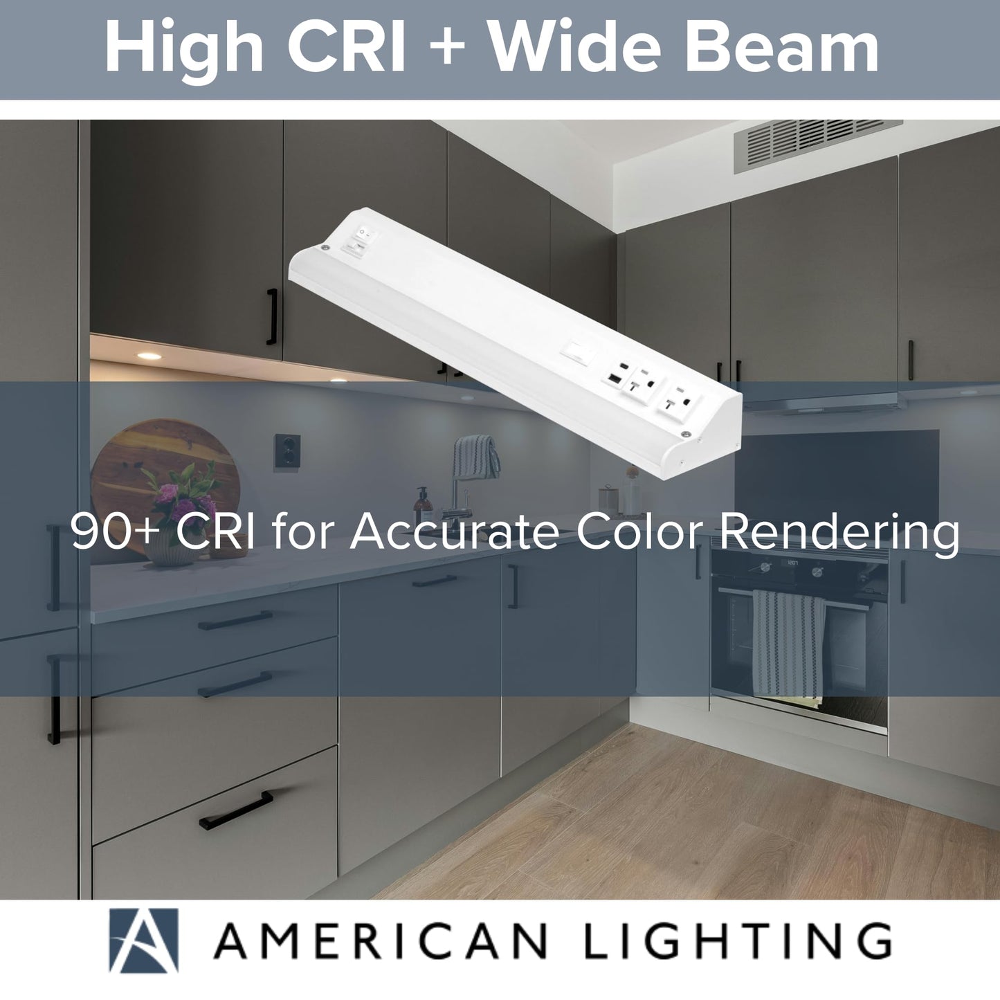 American Lighting LED Courant Plus Undercabinet Light 18 Inch 5CCT 90+ CRI 1000 Lumens with USB-A USB-C and 20A Receptacles White Finish Title 24 Compliant (2 Pack)