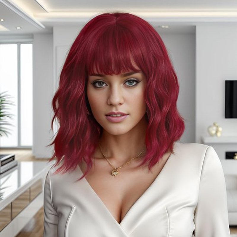 MUPUL Wed Wig Short Wavy Bob Wigs for Women With Bangs Shoulder Length Synthetic Cosplay Party Wig for Girls Daily Use Colorful Wigs