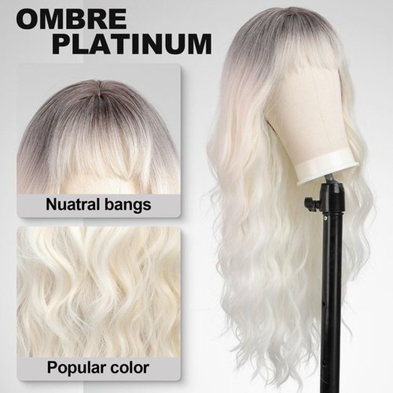 KOME Ombre Platinum White Wigs with Bangs,White Long Wavy Wig for Women,Long Curly Wigs Synthetic Hair Dark Roots Wig for Party Cosplay Daily Use 24IN