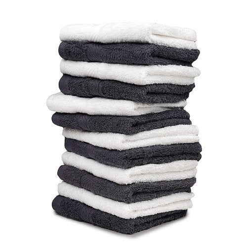 ZUPERIA 100% Cotton Bath Wash Cloths 12 Pack - 12" x 12"- Highly Absorbent Soft Washcloths for Face, Gym Towels, Hotel Spa Quality, Reusable Multipurpose Towels (Grey/White)