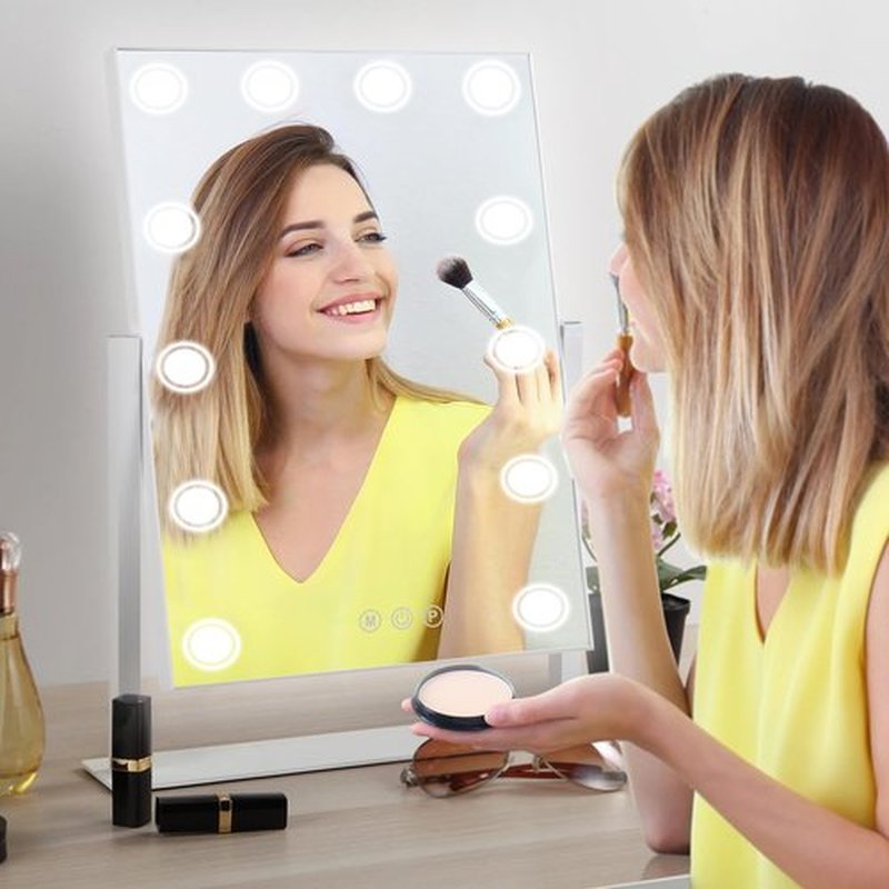 SLIMOON Lighted Makeup Mirror, 17"x 14" Hollywood Vanity Mirror with 12 LED Bulbs, 3 Color Lights, and Detachable 10X Magnification Mirror, 1000mAh Rechargeable, Touch Control, 360°Rotation (White)
