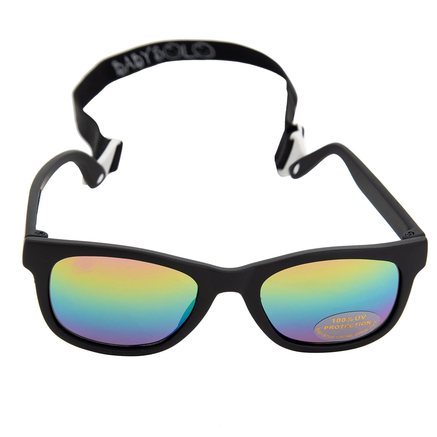 Baby Solo Babyfarer Baby Infant Sunglasses Safe, Soft, and Adjustable 0-24 Months (0-24 months, Matte Black Frame w/Rainbow Mirror)