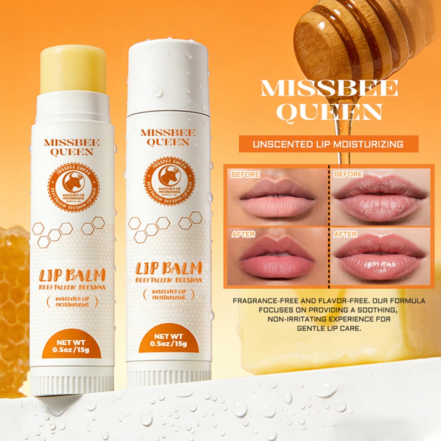 Beef Tallow Lip Balm with Original Beeswax | Dual-layer Hydrating Moisturizing for Dry Lips | Smooths Texture | Delivers Softness & Enhances Natural Shine | Unscented | 2PC (0.5 oz / 15g / 1pc)