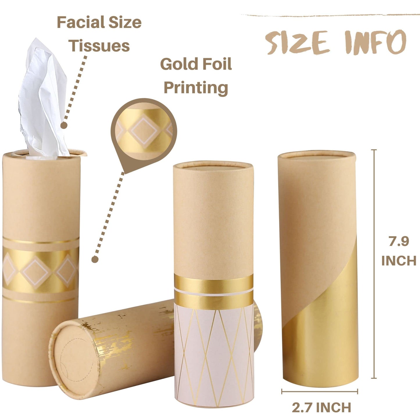 Car Tissue Holder with 3-ply Facial Tissues Bulk - 4 PK - Gold Foil Tissues Cylinder for Car Cup Holder, Travel Tissues, Refill Tissue Box Round Container Kraft