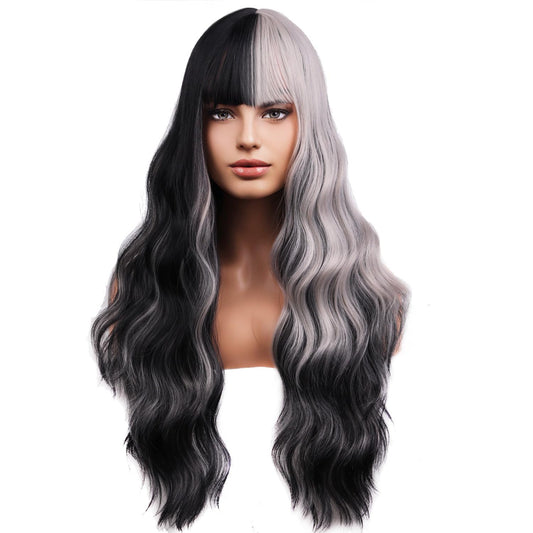 BERON 26 Inches Silver Grey Black Highlight Wig with Bangs Split Dye wig Long Wavy Synthetic Wig Light Grey Black Ombre Wigs for Daily Party