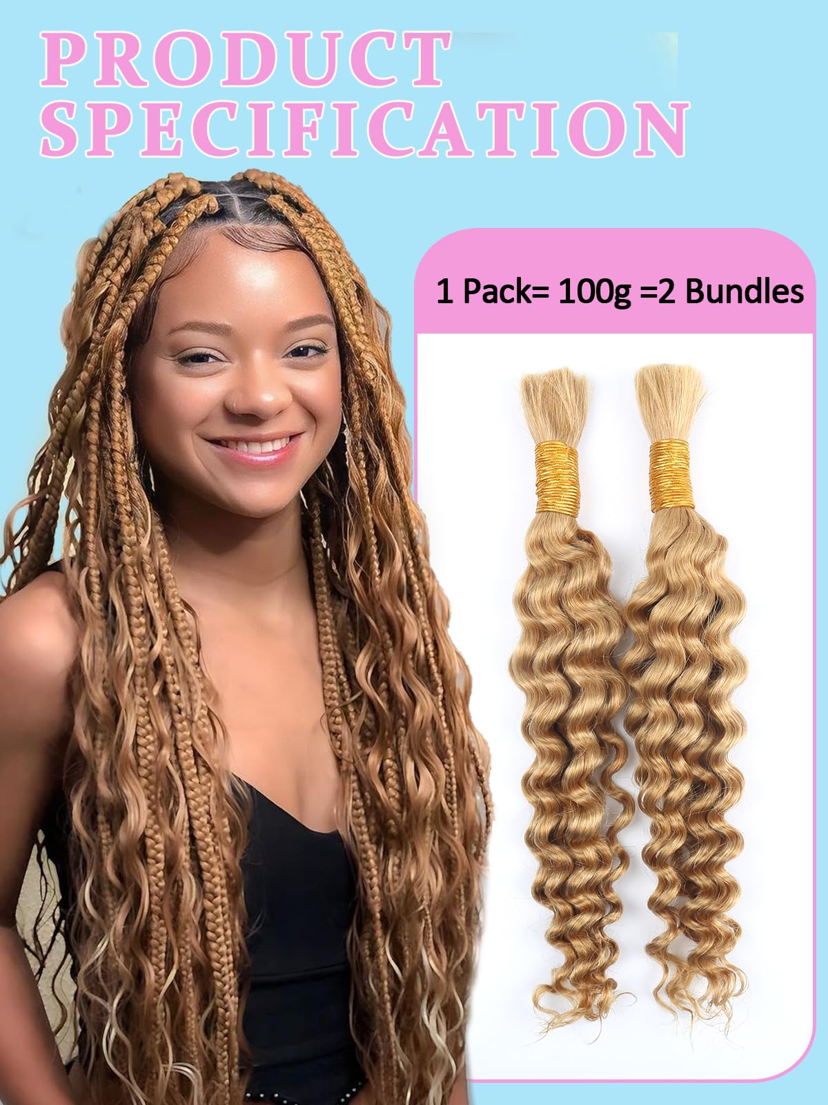 Honey Blonde Human Braiding Hair for Boho Braids 2 Bundles 20 Inch 100g #27 Deep Water Wave Bulk Human Hair for Braiding Wet and Wavy Curly Bundles No Weft Micro Braiding Hair Human Hair Extensions