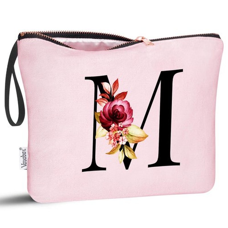 Vavabox A-Z Personalized Makeup Bag,Birthday Gifts for Women Mom,Gifts for Best Friend,Bride Bridesmaid Cosmetic bag (M, Pink)