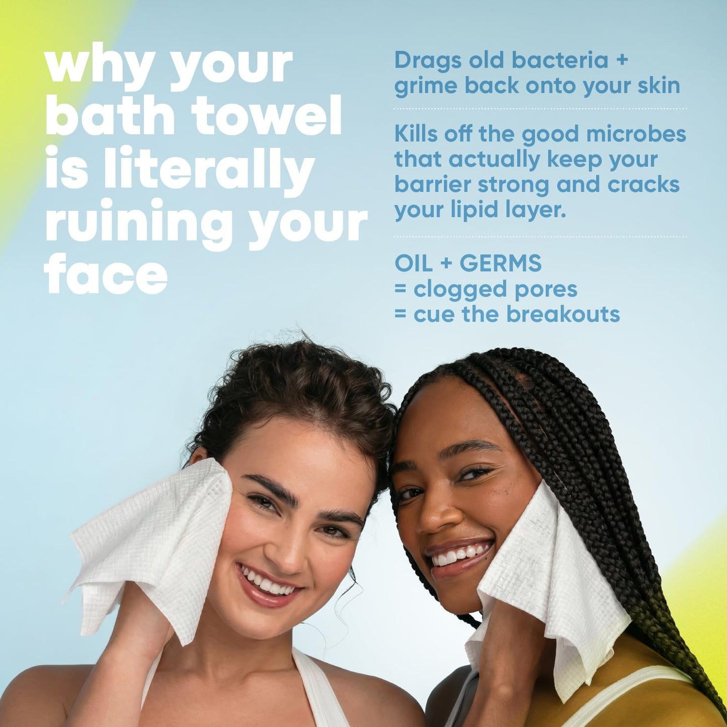 Takeoff Face Towels, 10"×12" XL Face Disposable + Compostable, Ultra Soft Makeup Remover Dry Wipes, Thick Face Towel w/Dual Texture For All Skin Types incl. Sensitive, 50 Count x 2 Pack (100 total)