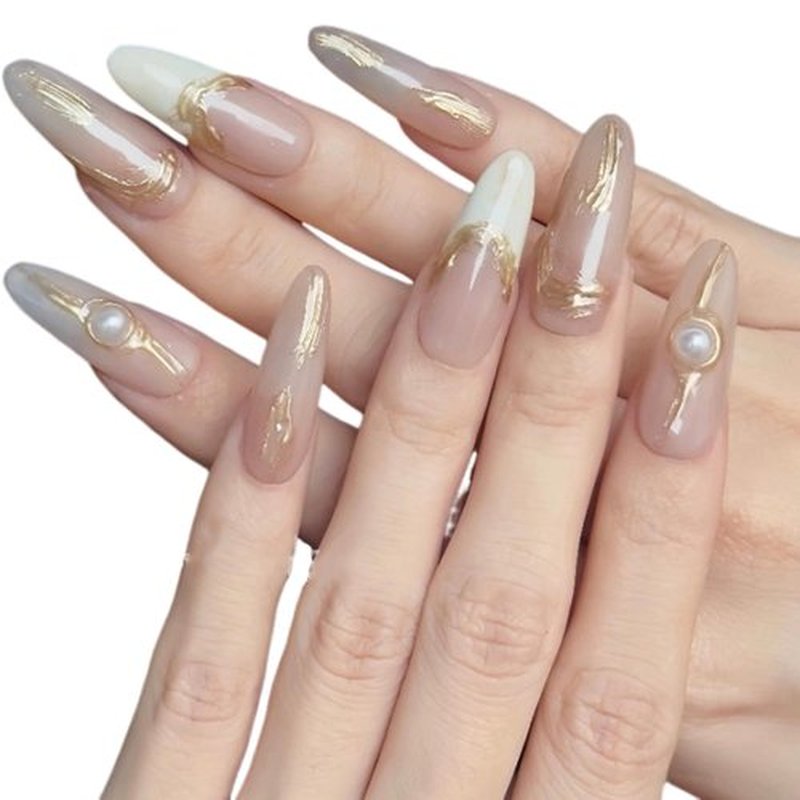 Lurenia • Lxssie Press On Nails - French Style with Pearl Embellishments and 3D Gold Texture - Reusable Nail Art Gift Set for Women (EXTRA SMALL-3D Gold Texture, )