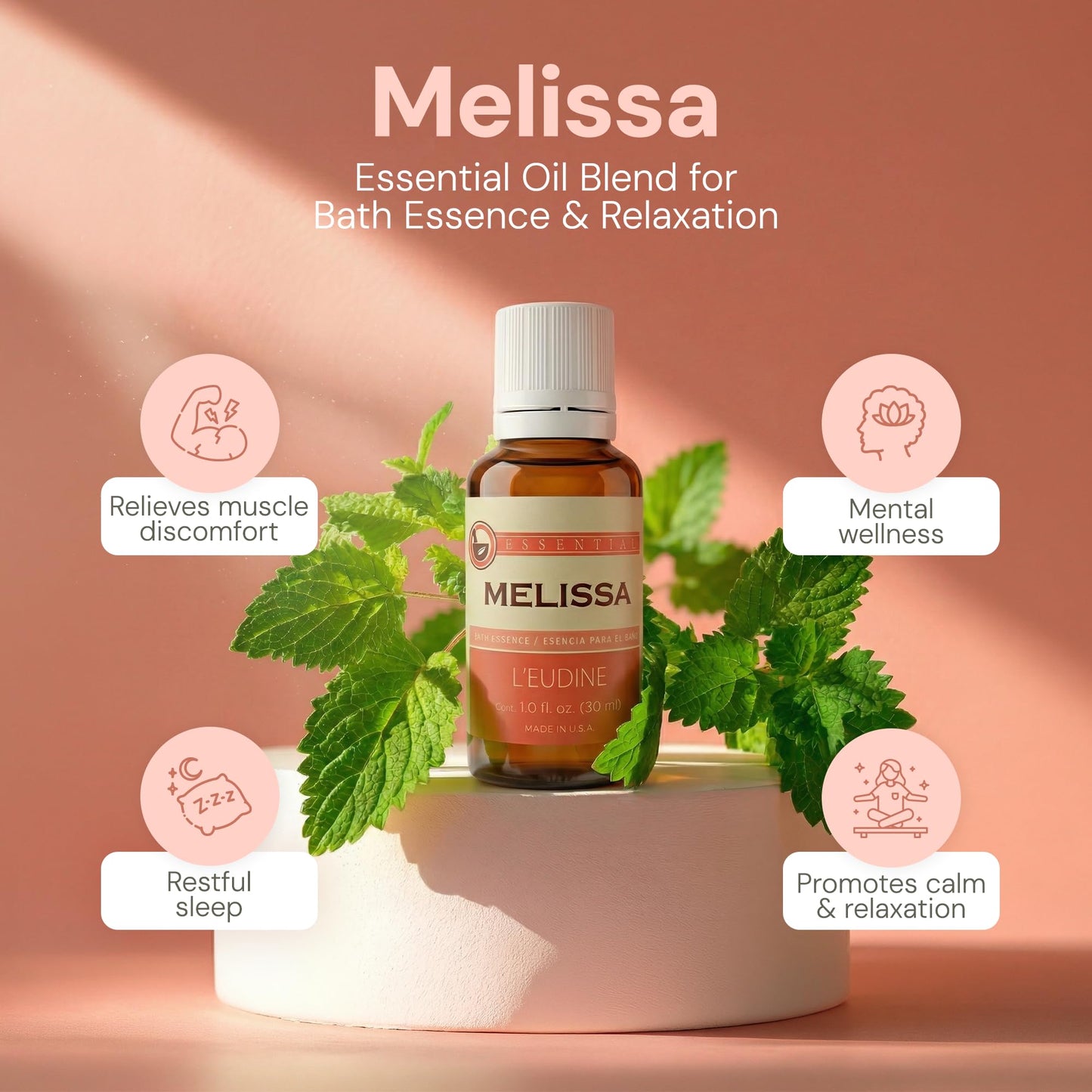 L’EUDINE Melissa Essential Oil – 1fl oz Therapeutic-Grade Lemon Balm Essential Oil – All-Natural Pure Lemon Balm Extract – Melissa Oil Essence for Aromatherapy, Stress-Relief, Muscle Discomfort