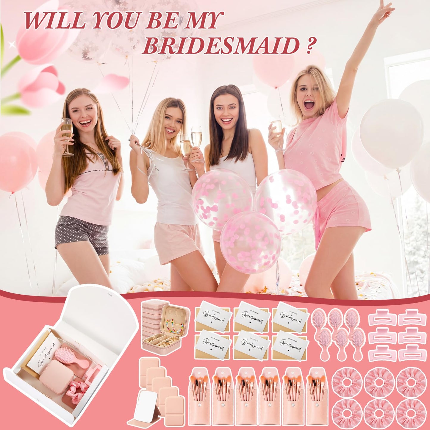 Novabright 48 Pcs Bridesmaid Proposal Gifts Box Set of 6 - Will You Be My Bridesmaid Gift Kit with Leather Jewelry Box & Mirror, Hair Accessories for Wedding, Bridal Shower, Bachelorette Party Favor