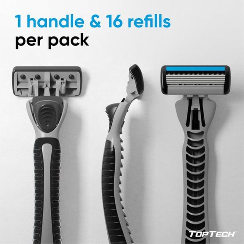 Toptech PRO 5 Razors for Men - Manual Shaving Razor & Replaceable Cartridges - 5-Blade Technology - 17 Count Pack (Handle + 16 Refills) - Soft Shave & Sharp Blades - Cost-effective Refill