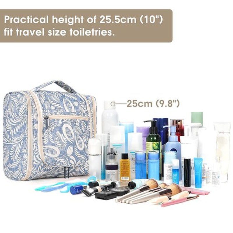 Hanging Toiletry Bag for Women Travel Makeup Bag Organizer Toiletries Bag Men for Cosmetics Essentials Accessories(Large, Blue Leaf)