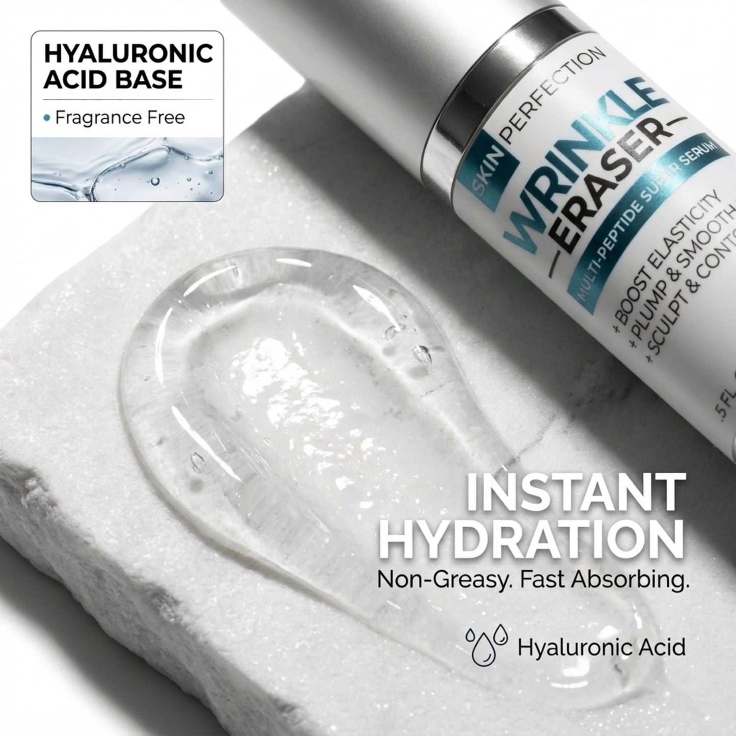 Wrinkle Eraser Supercharged Anti-Aging Peptide Serum Visibly Lifts Firms Hyaluronic Acid Argireline Snap 8 Matrixyl 3000 Edelweiss Inyline Pepha TIght Syn-Ake Juveleven Uplevity Skin Perfection