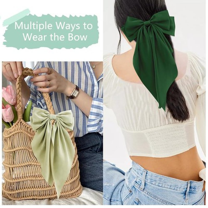 Atoden Green Hair Bows Silky Satin Bows for Hair Ribbons 4Pcs Coquette Oversized Long Tail Hair Bow Clips Barrettes Big Bowknot Hair Accessories for Women Girl Trendy Stuff Gifts (Green Black)