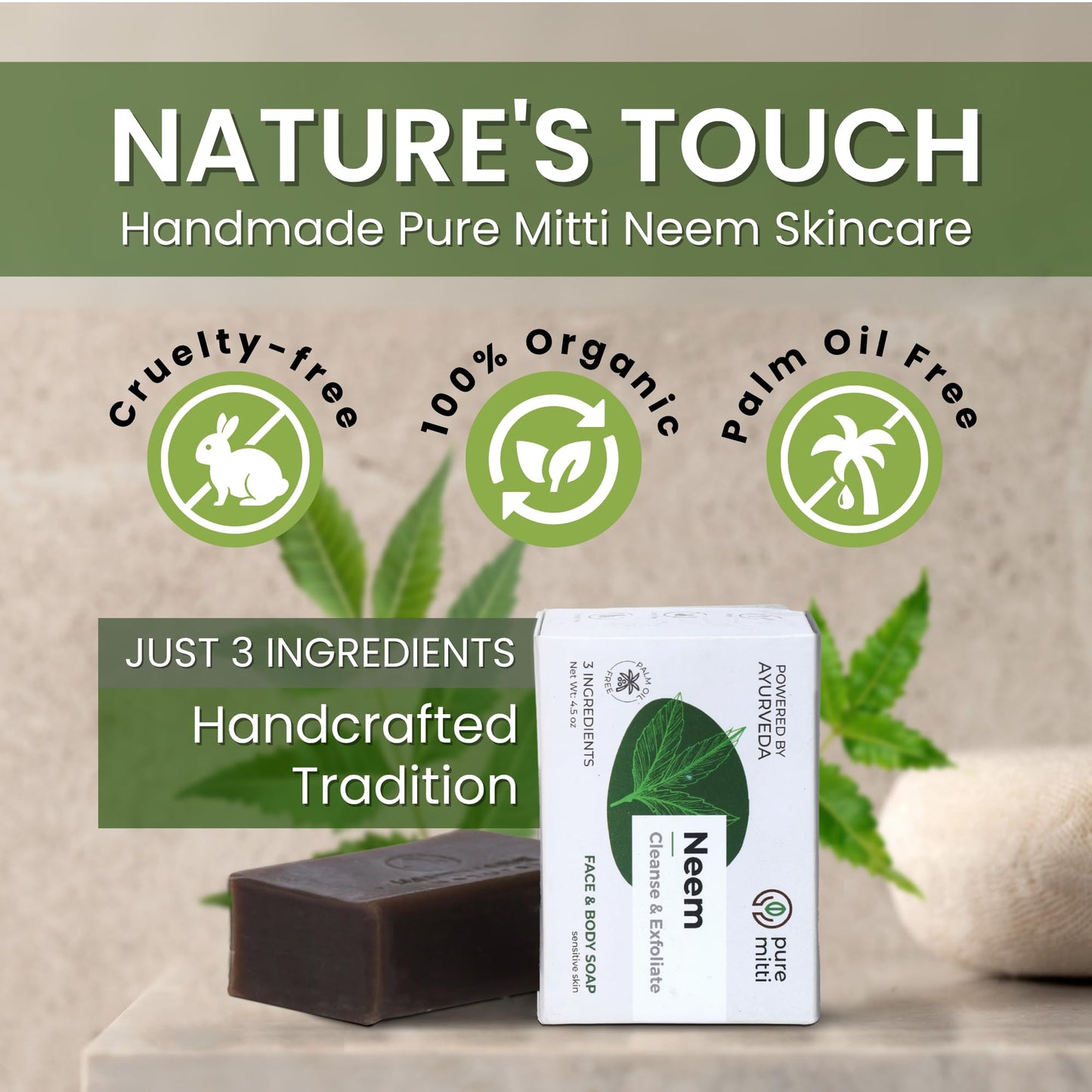 Pure Mitti Neem Soap Bars [4.5 oz x 3 Pcs.] Organic Ayurvedic Soap for Face & Body with Neem, Castor Oil & Coconut Oil – Cold Process, Plastic-Free, Herbal Cleansing
