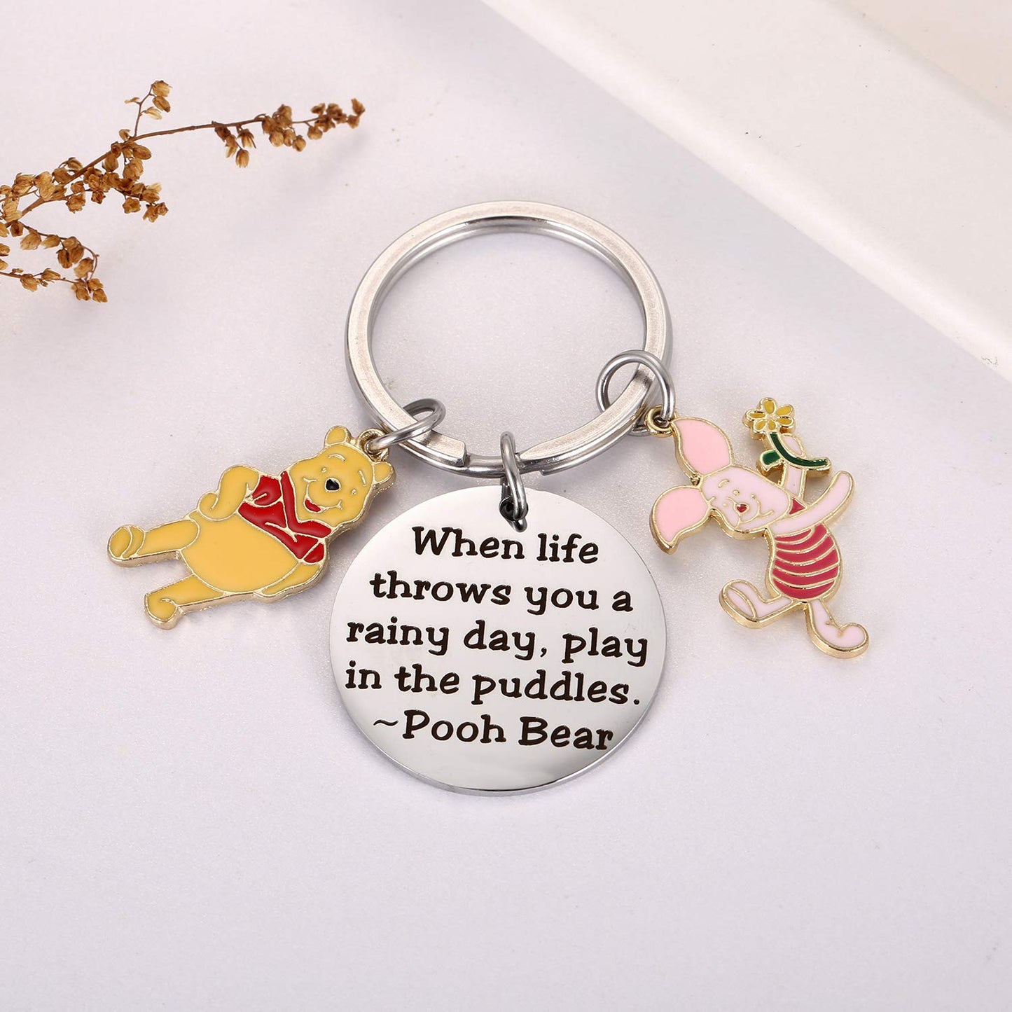 Ralukiia Pooh Bear Piglet Keychain Decor Party Suppiles - When Life Throws You a Rainy Day, Play in The Puddles Inspirational Gifts