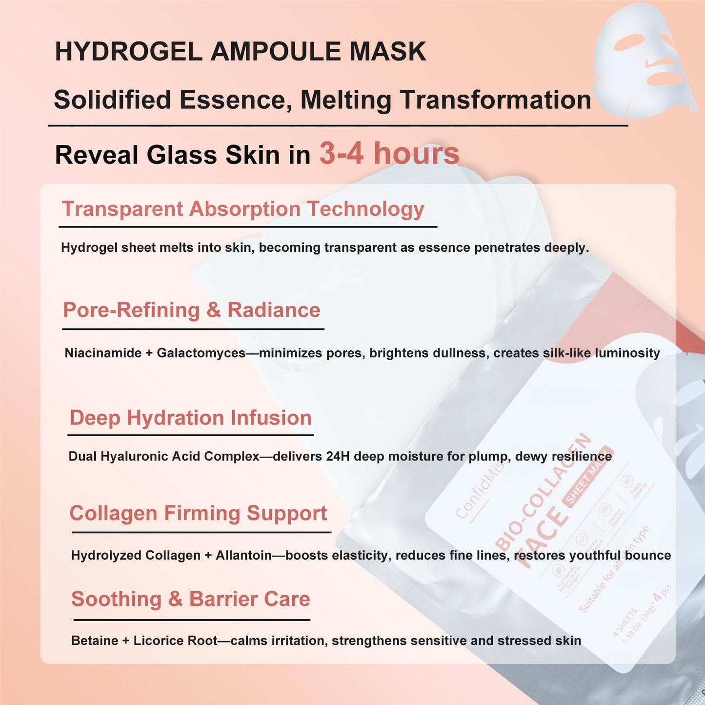 ConfidMiss Bio-Collagen Real Deep Face Mask,with Niacinamide Hyaluronic Acid Collagen Deeply Hydrating Brightening Anti-Aging Elasticity Improvement Overnight Facial Mask For Glass Glow Skin 4 Sheets