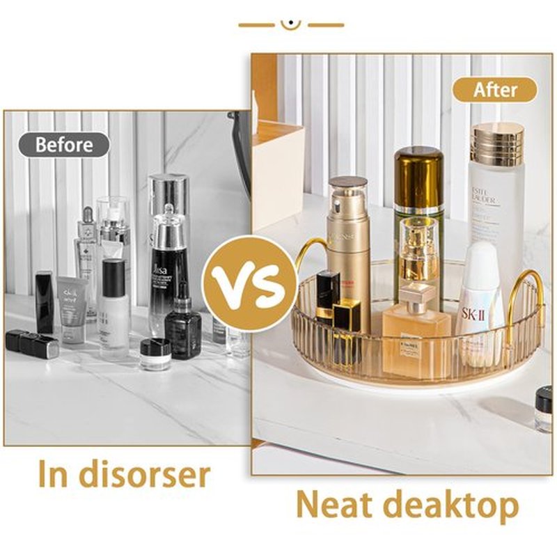 shuang qing Lazy Susan Rotating Makeup Organizer for Vanity, High-Capacity Skincare Clear Make Up Storage Perfume Organizers Cosmetic Dresser Organizer Countertop 360 Spinning（1 Tier-Gold）