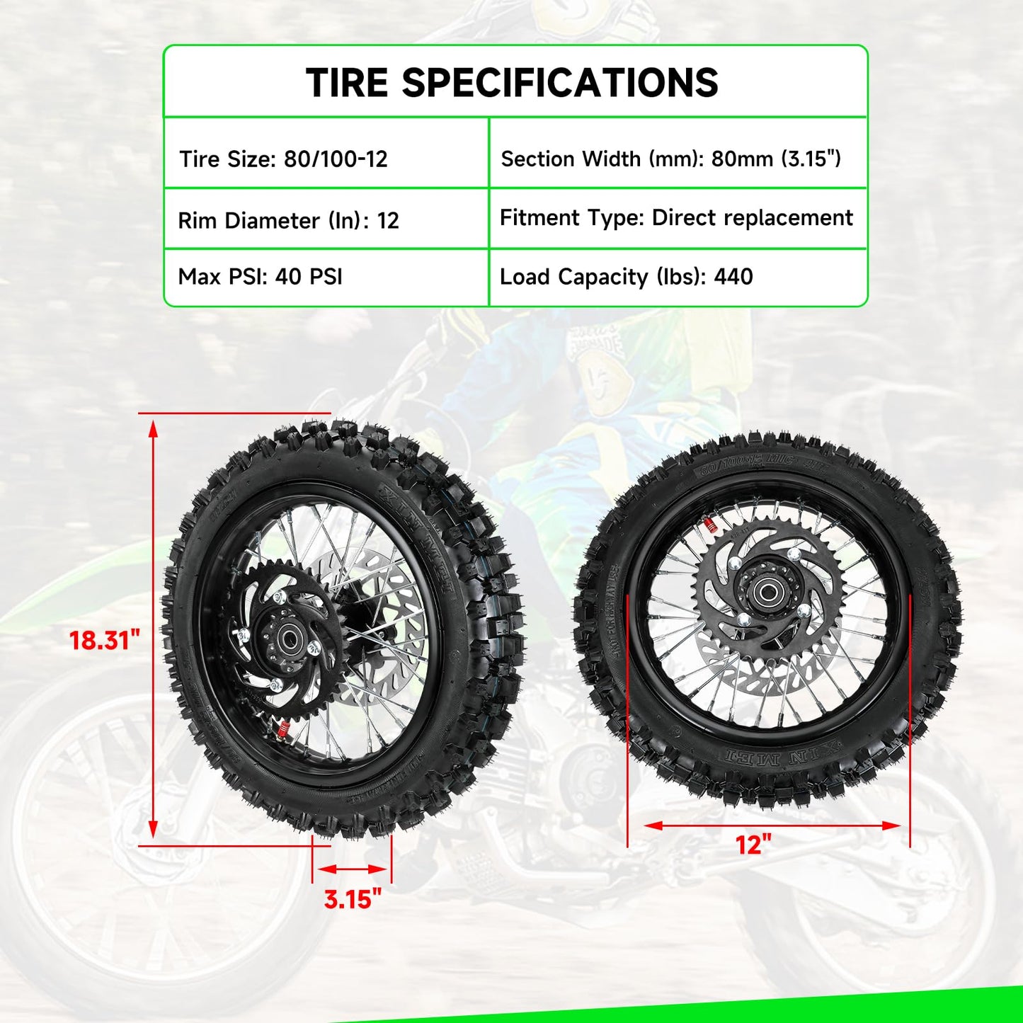 XIKOBY 12'' Rear Wheel 80/100-12 3.00-12 Dirt Bike Tire and Inner Tube Assembly for 110cc 125cc SSR SR125 CX65 TaoTao DB14 Coolster QG-214 with Brake Rotor 428 41T Chain Sprocket
