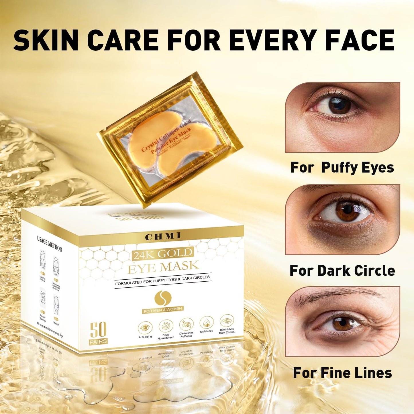 CHMI Under Eye Patches (15 Pairs), Collagen Skin Care Products,24K Gold Under Eye Mask for Puffy Eyes,Dark Circles,Undereye Bags and Wrinkles,Natural Ingredients.