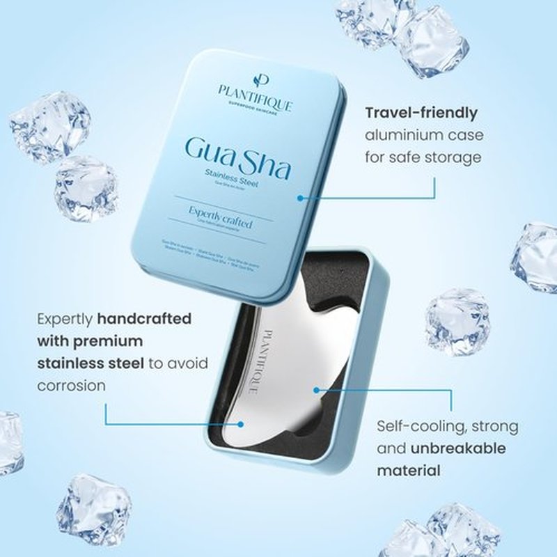 PLANTIFIQUE Stainless Steel Gua Sha Facial Tool, Skin Massage Tool for Face, Body, Eyes, Neck, Heart Style with Travel Pouch, Skin Care Gift