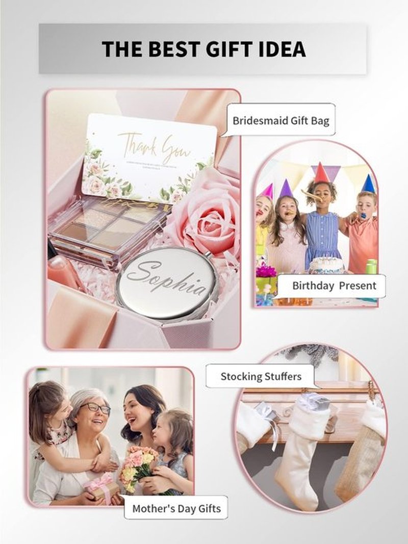 Getinbulk Compact Mirror for Purse, Double-Sided 1X/2X Magnifying Metal Pocket Makeup Mirrors(Round, Silver)